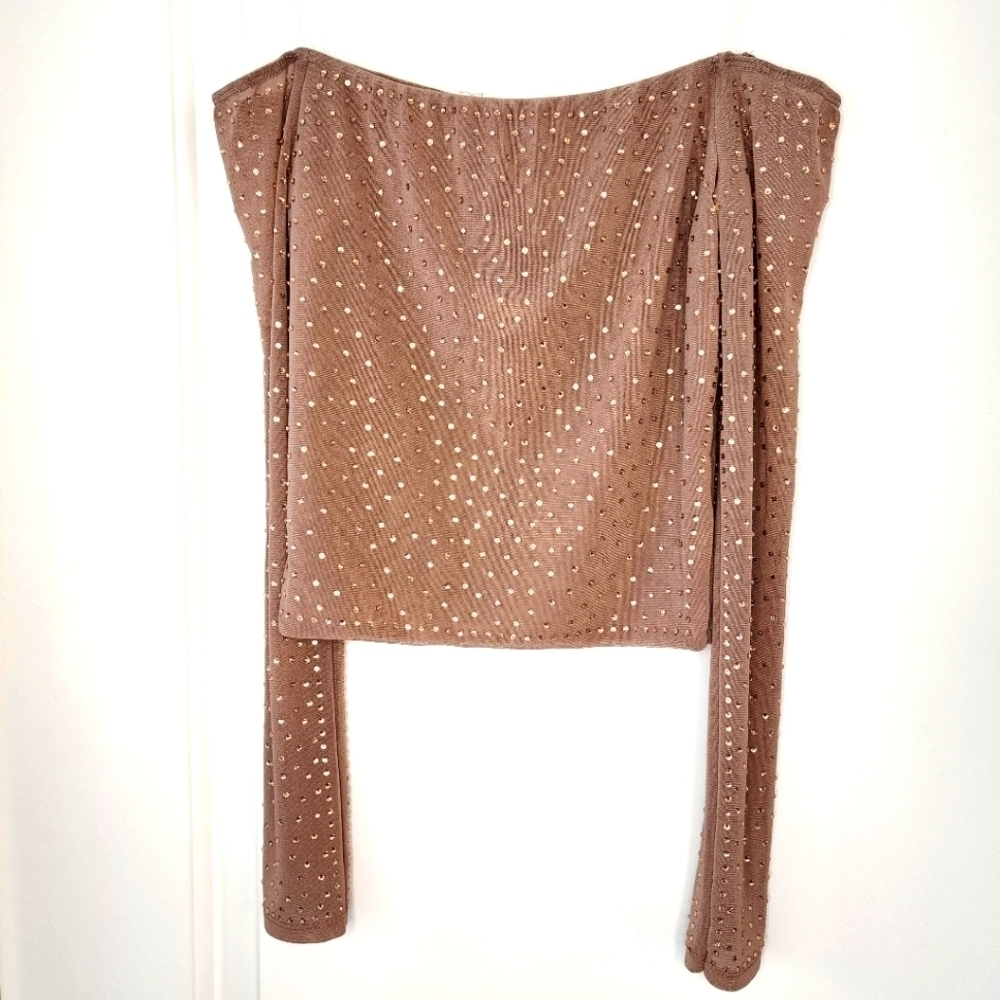 Windsor Tan Off the shoulder crop Top with Beading - Picture 2 of 5
